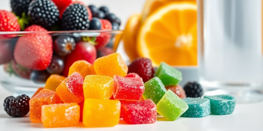 Fiber gummies, fresh fruit, glass of water.