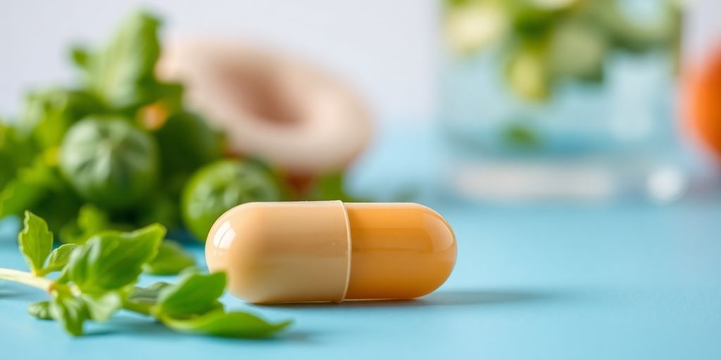 Probiotic capsule with digestive health elements.