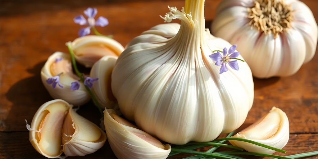 Garlic bulb, cloves, purple flowers, green leaves.
