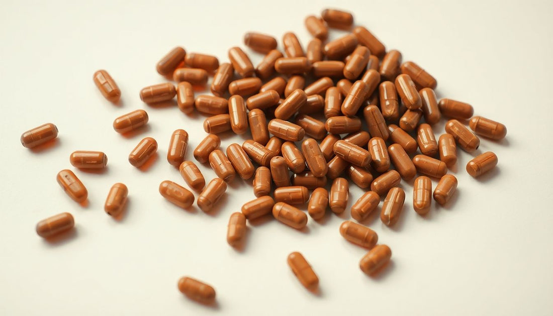 A pile of grass-fed beef organ supplement capsules.