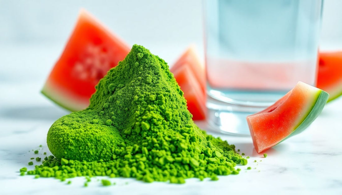 A vibrant scoop of green powder next to a glass of water and fresh watermelon slices.