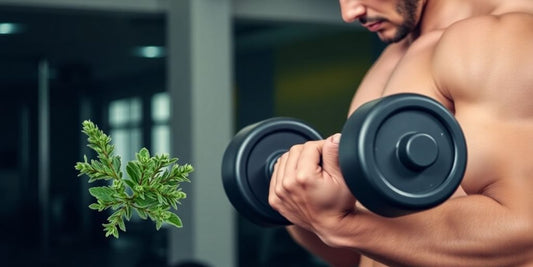 Man lifting weights with Tribulus plant.