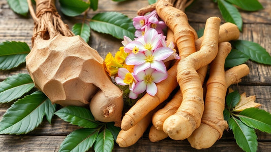 Ashwagandha, rhodiola flowers, and ginseng roots together.