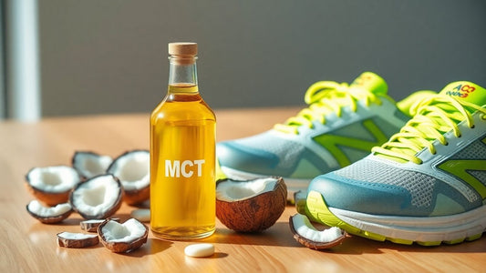 MCT oil bottle, coconut halves, and running shoes together