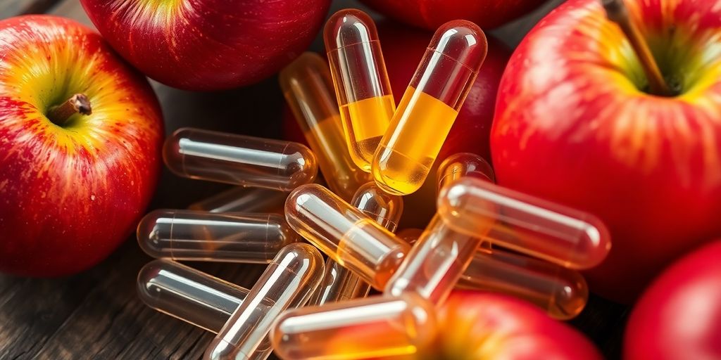 Raw apple cider vinegar capsules with fresh apples.