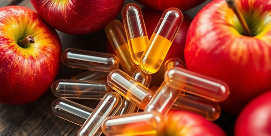 Raw apple cider vinegar capsules with fresh apples.