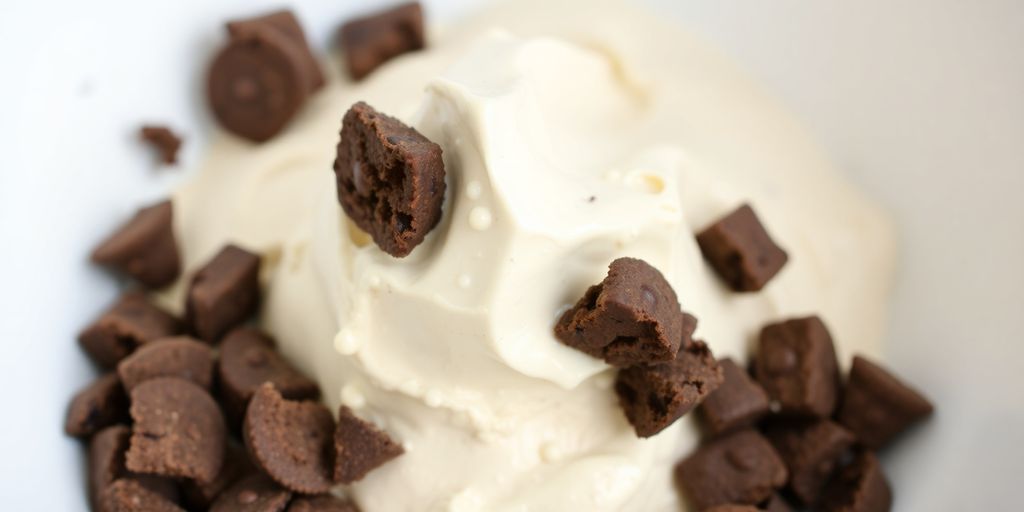 Creamy cookies and cream whey protein powder scoop.