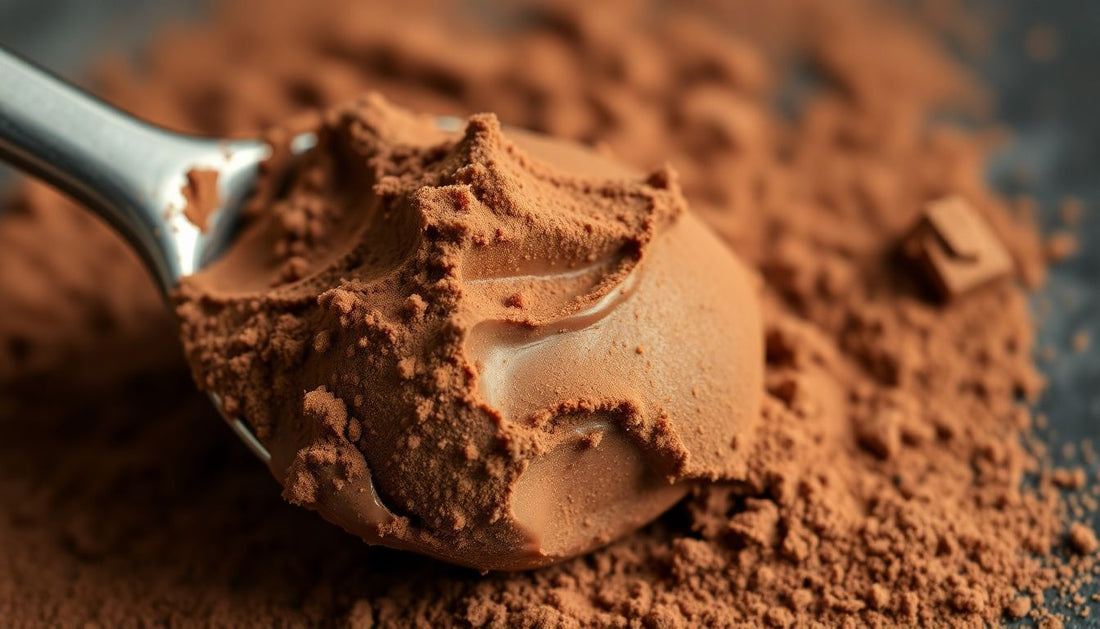 A scoop of chocolate whey protein powder next to a shaker bottle.
