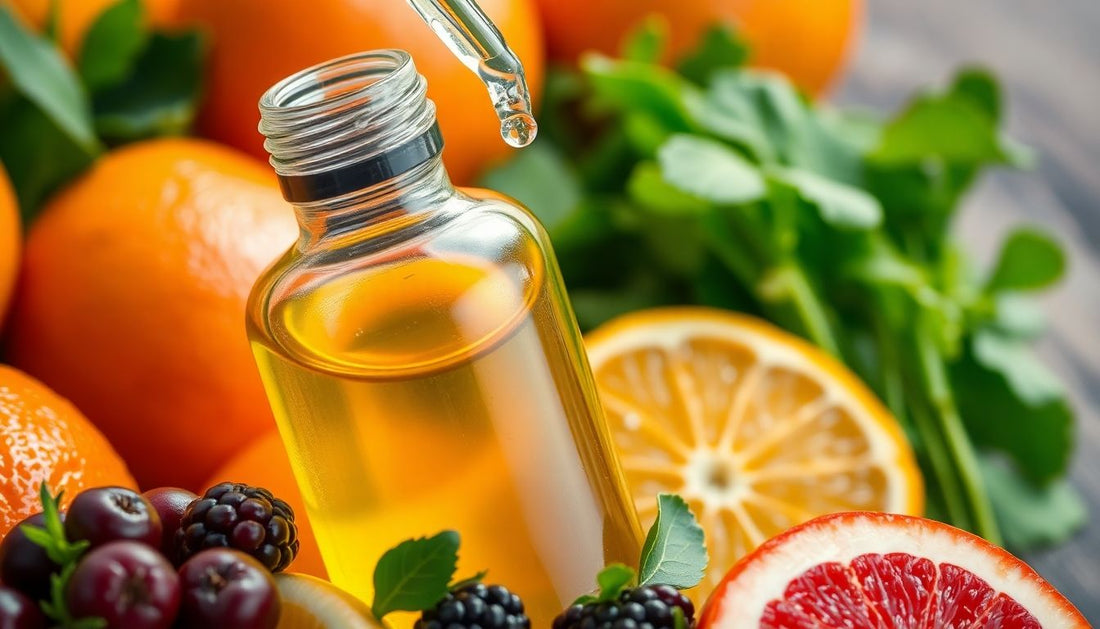 A clear glass bottle with a dropper, filled with a golden liquid, surrounded by fresh fruits and leafy greens.
