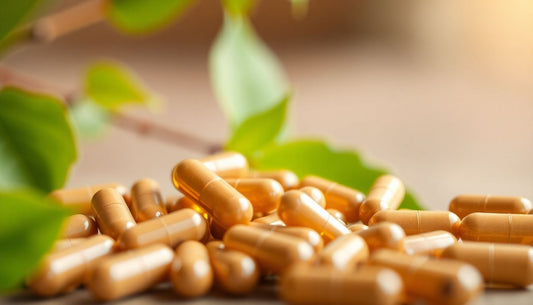 Organic ashwagandha root capsules with a calming, natural background.