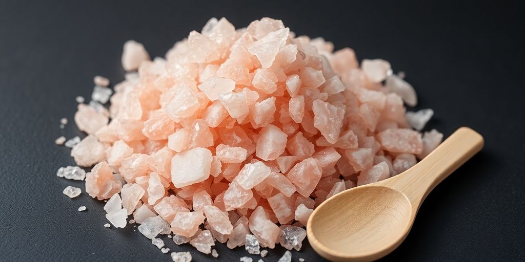 Pink salt crystals next to a wooden spoon.