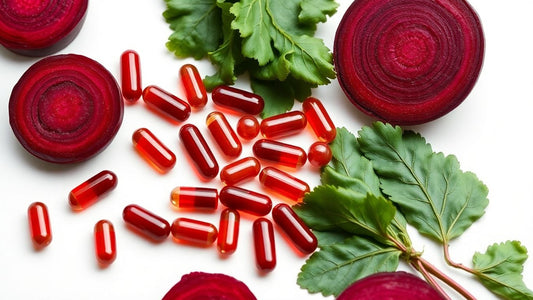 Beetroot capsules beside fresh beetroots and green leaves