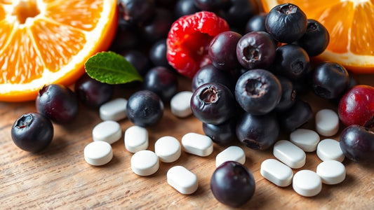 Elderberries, sliced orange, and zinc tablets in sunlight.