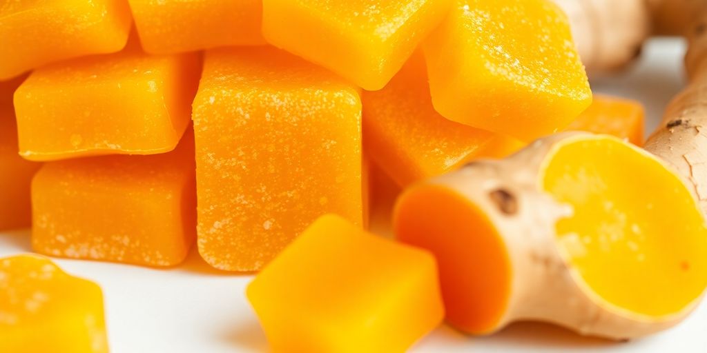Turmeric gummies and fresh turmeric root.