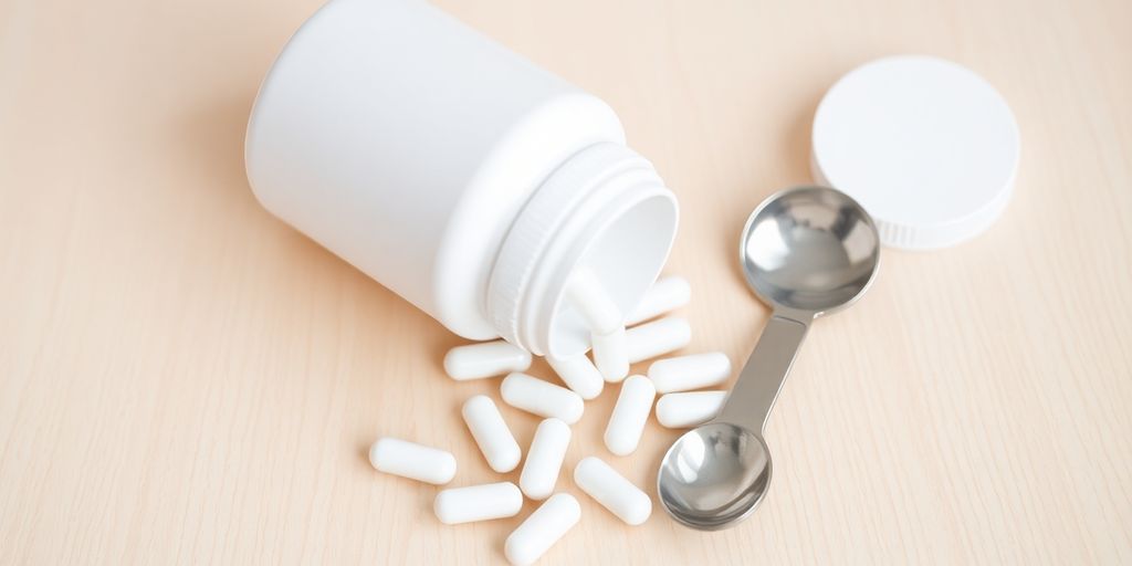 Magnesium glycinate supplement bottle, capsules, measuring spoon.