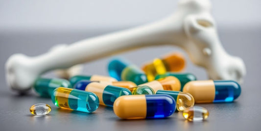 Vitamin K2 and D3 supplement capsules with bone imagery.