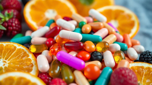 Multivitamin tablets and fresh fruits placed together