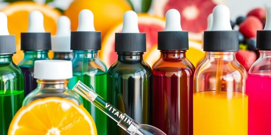 Assorted liquid vitamins, dropper, spoon, fresh fruits