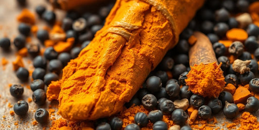 Turmeric root and black peppercorns on a wooden surface.