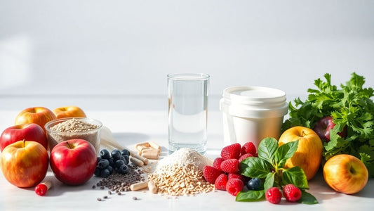 Fiber powder, capsules, water, and fresh produce on kitchen counter.
