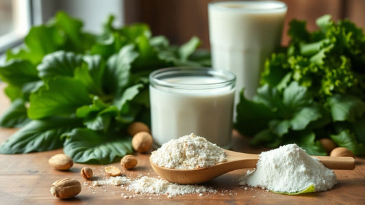 Scoop of vegan protein powder with greens and nuts