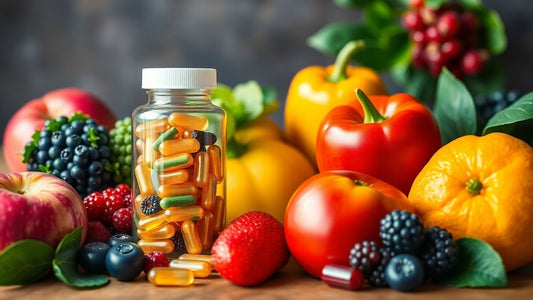 Probiotic capsules with fresh fruits and vegetables around jar.