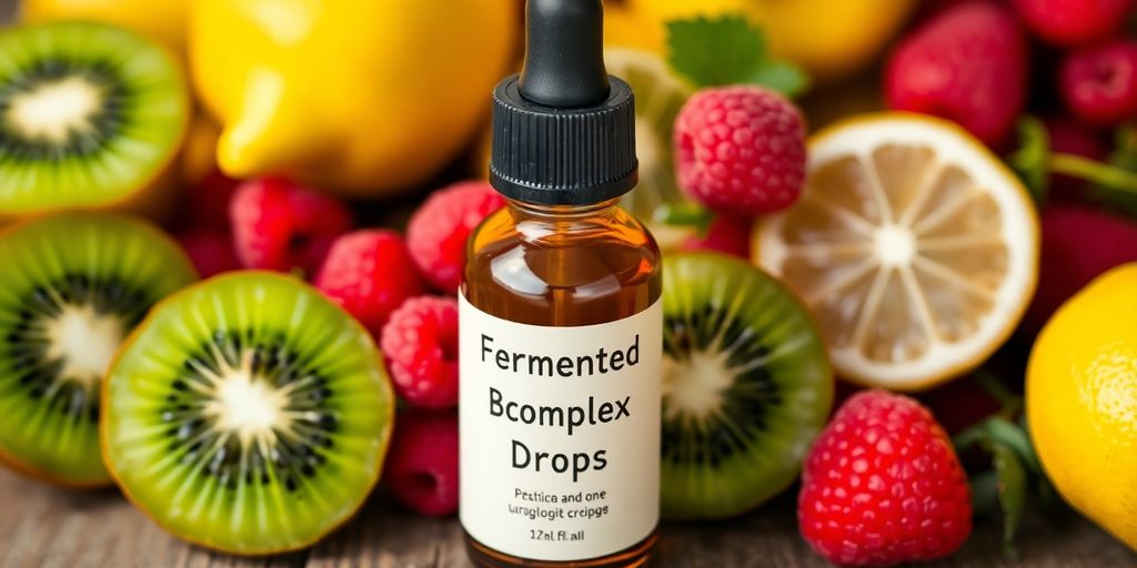Vitamin B complex bottle and vibrant fruits