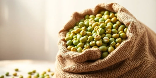 Green coffee beans spilling from a burlap sack.
