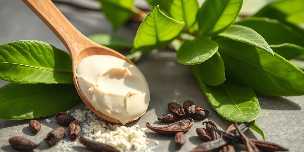 Vanilla vegan protein powder scoop with plant leaves.