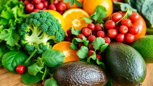 Fresh fruits and vegetables arranged on a wooden table