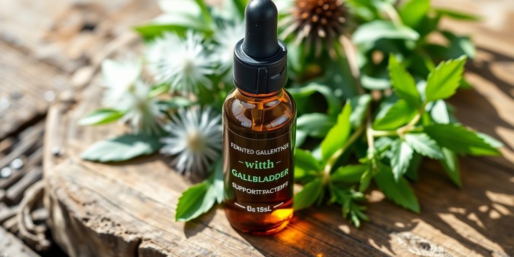 Bottle of gallbladder support drops near herbs.