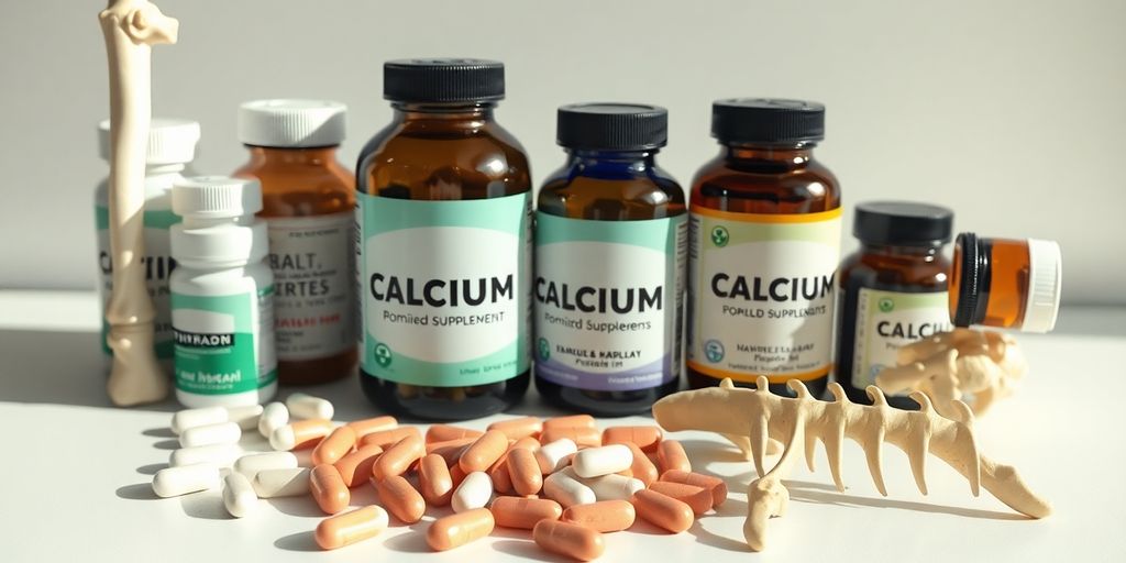 Calcium supplements next to bones.