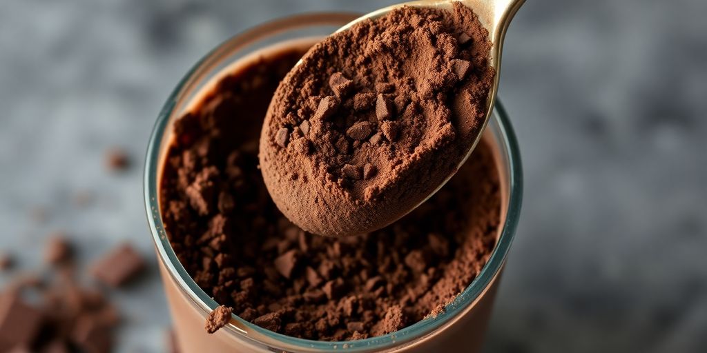 Scoop of vegan chocolate protein powder in a glass.