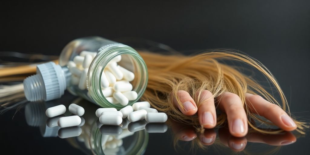 Biotin bottle with healthy hair and nails.
