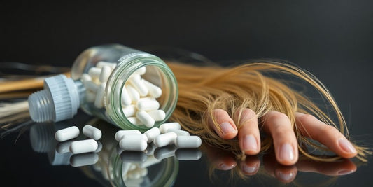 Biotin bottle with healthy hair and nails.