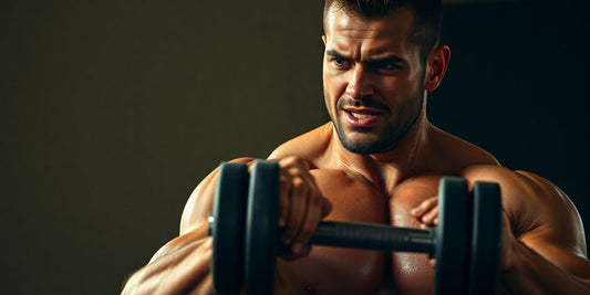 Man lifting weights with intense focus.