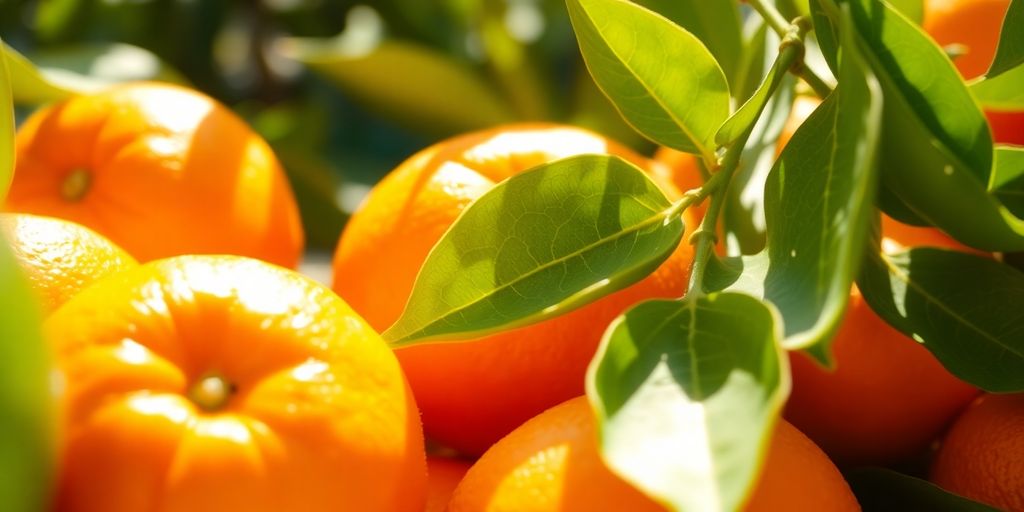 Vibrant orange citrus fruits with fresh green leaves.