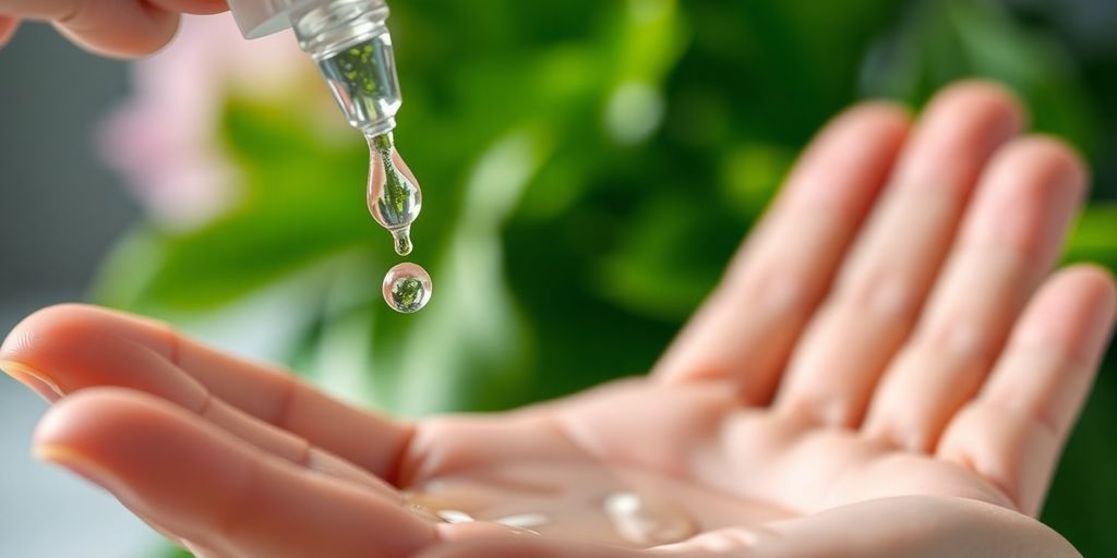 Liquid zinc droplets in a hand with vibrant green leaves.