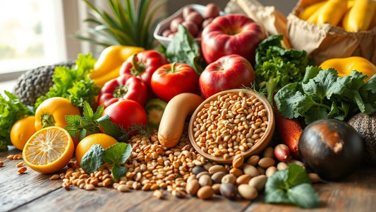 Assorted fresh foods rich in B-vitamins on a table.