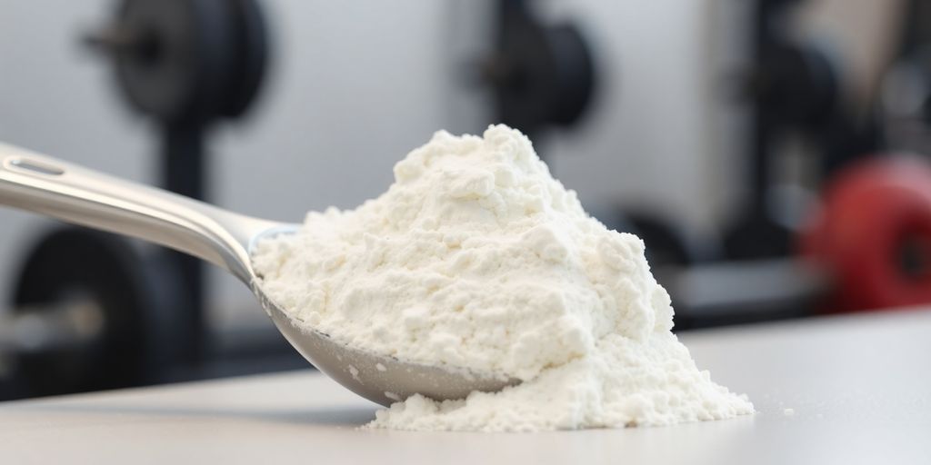 Vanilla whey protein isolate powder scoop.