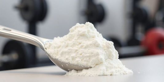 Vanilla whey protein isolate powder scoop.