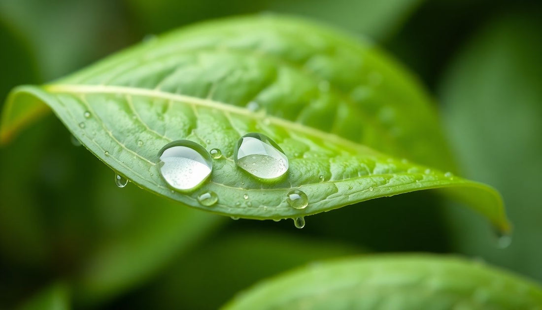 A vibrant green leaf with water droplets, symbolizing natural cleansing.