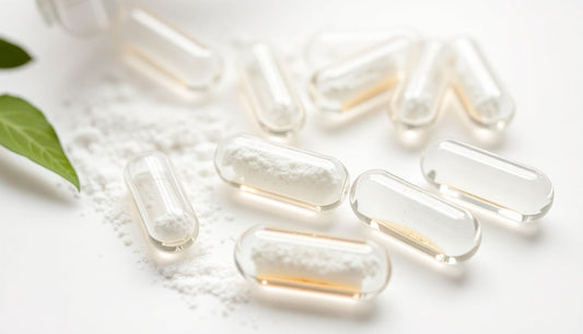 Collagen capsules with a backdrop of healthy skin and hair.