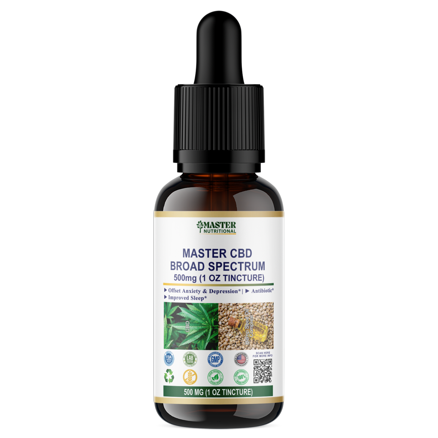 Master CBD Broad Spectrum (in Hemp Oil) 500mg (1oz Tincture) - For Relief Pain and Anxiety